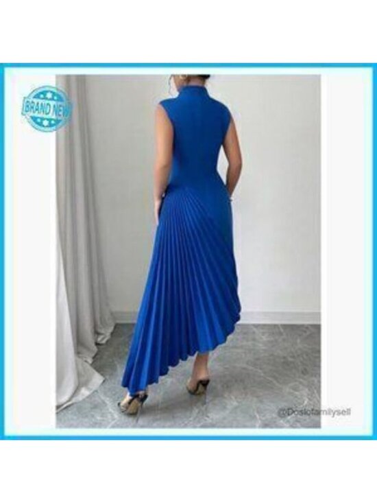 Dresses & Skirts - Pleated Maxi Dress Elegant Mock Neck Sleeveless Asymmetrical Cocktail Party